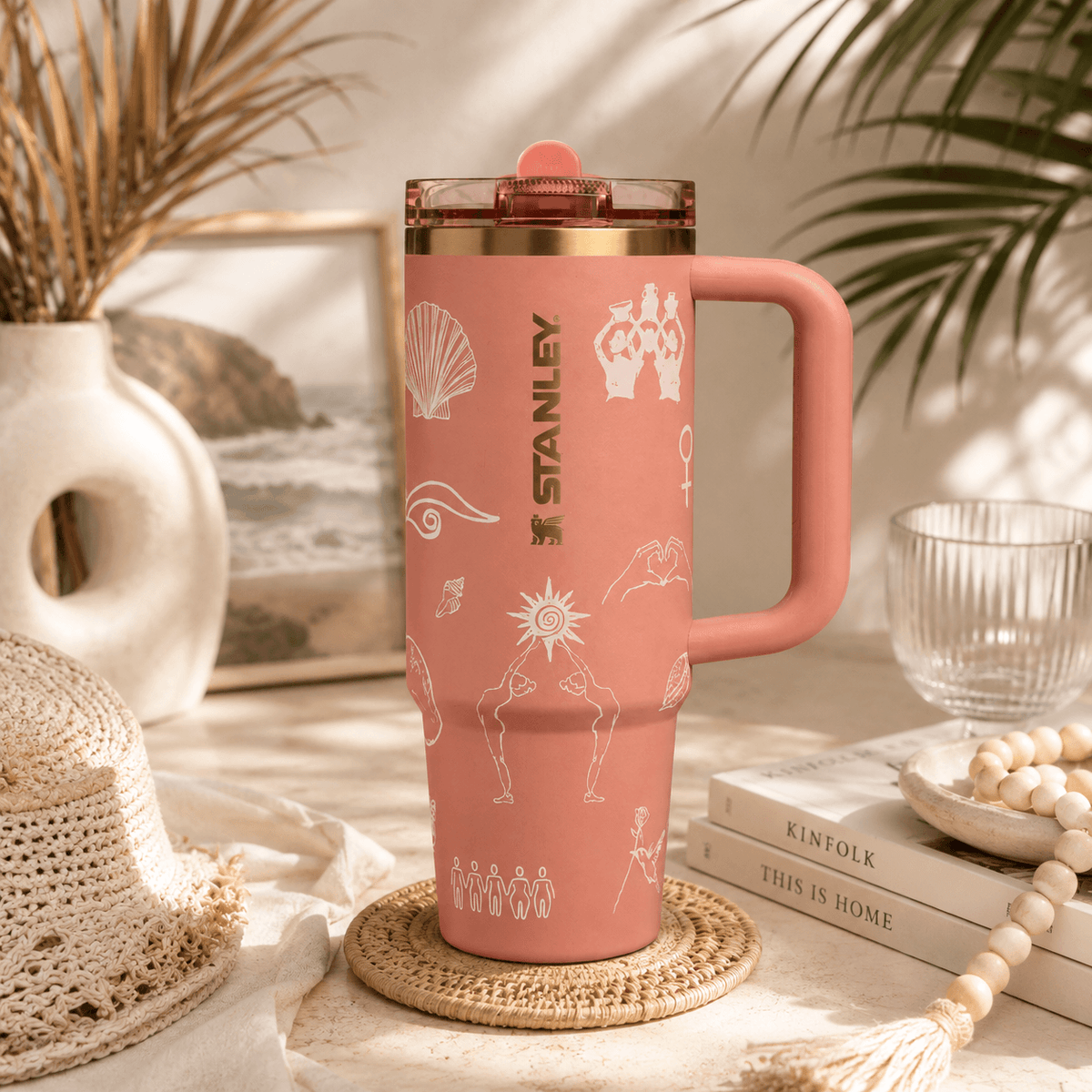 Sunset Harmony Insulated Tumbler - 30oz blush tumbler with hand-drawn illustrations