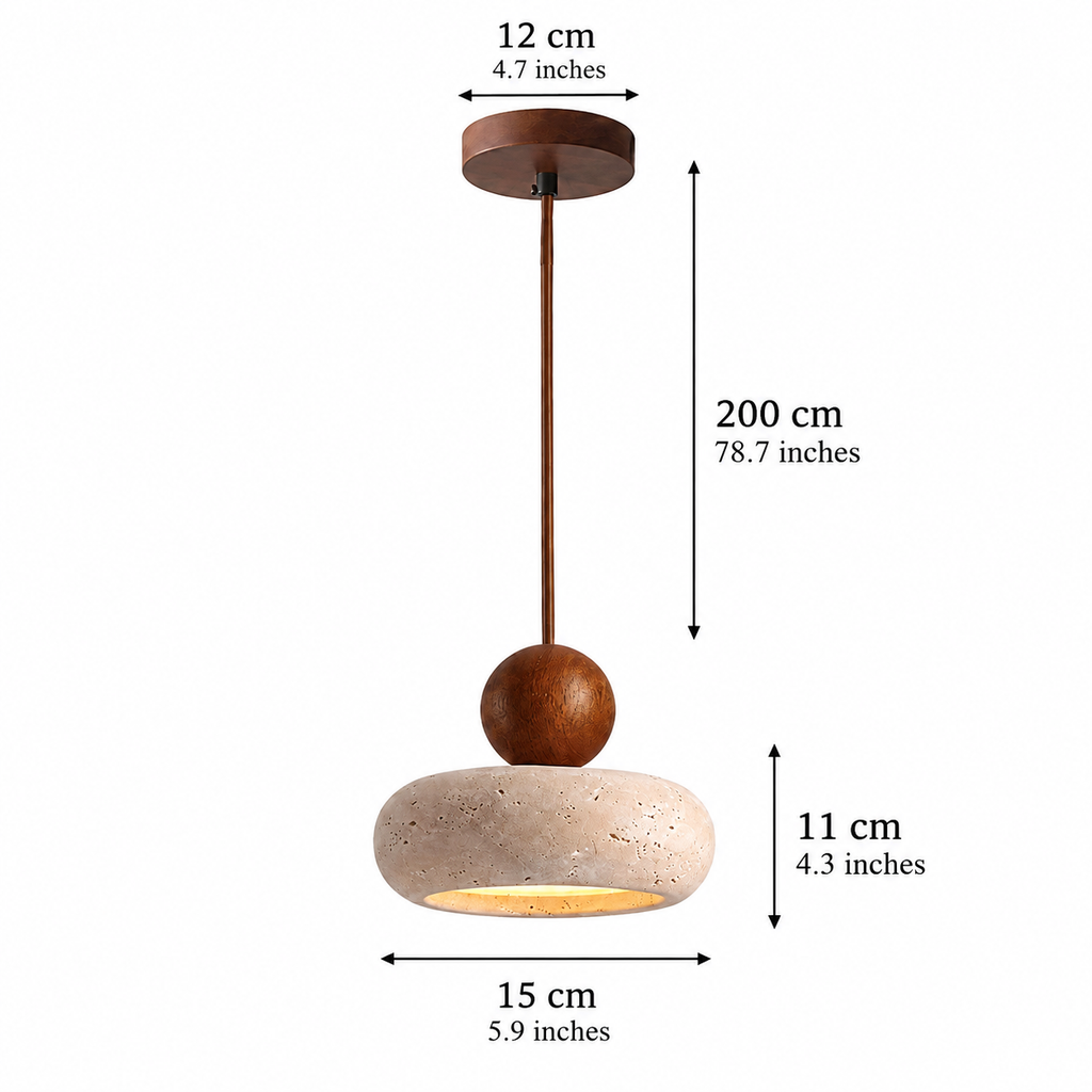 Travertine pendant light with wood accent – Japandi hanging light by BROKLEN – view 12