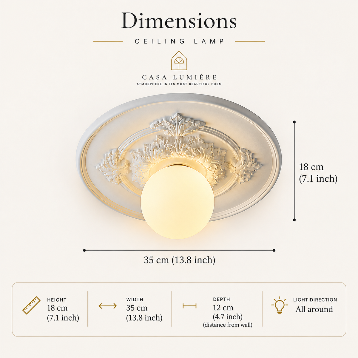 Classic relief ceiling light with frosted glass globe – flush mount light fixture by BROKLEN – view 16