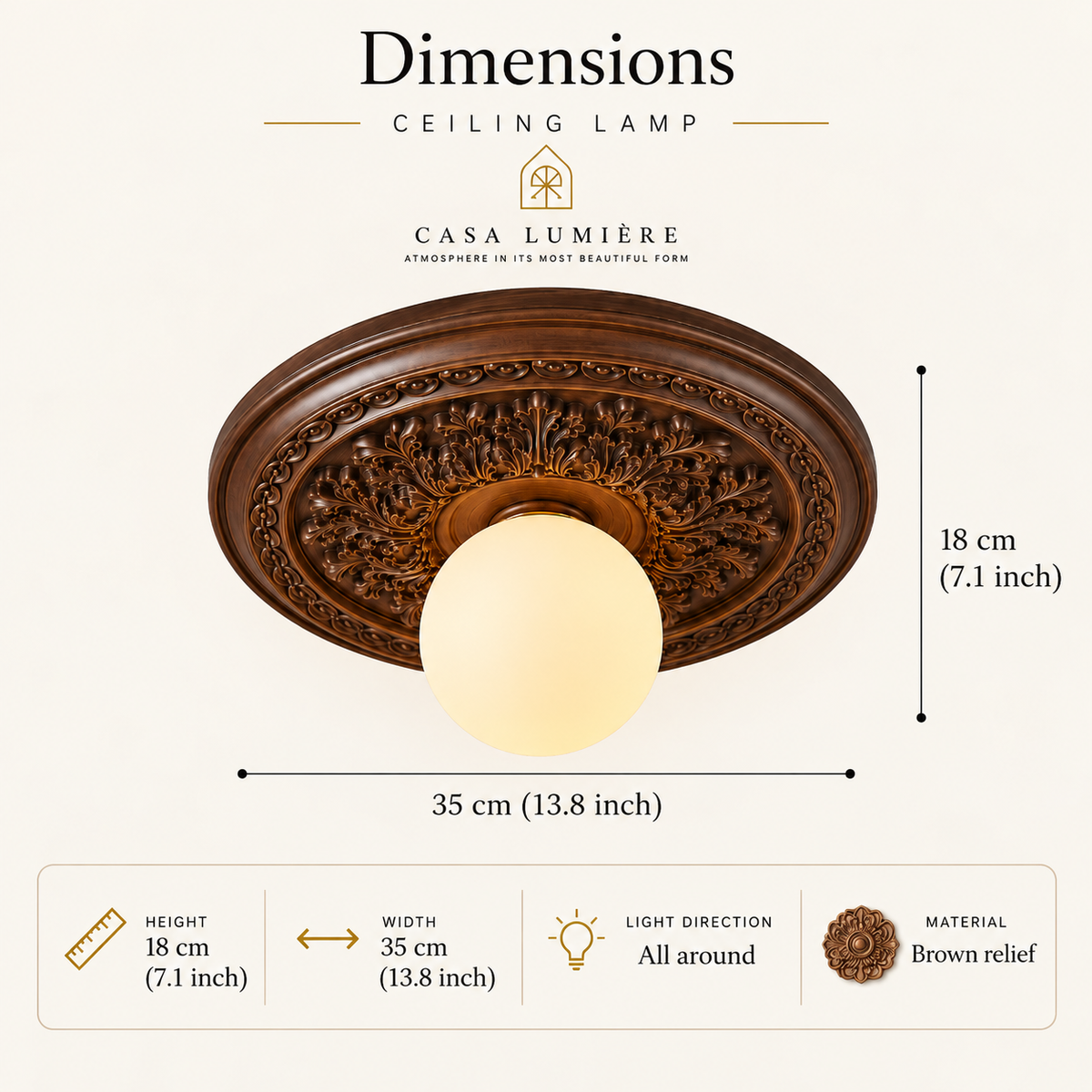 Classic relief ceiling light with frosted glass globe – flush mount light fixture by BROKLEN – view 17