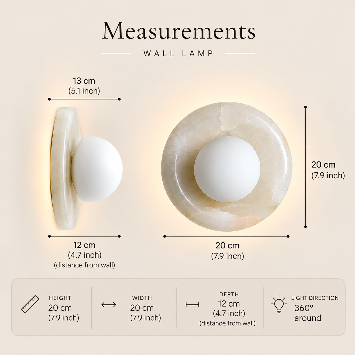 Round marble wall light with frosted glass globe by BROKLEN – view 14