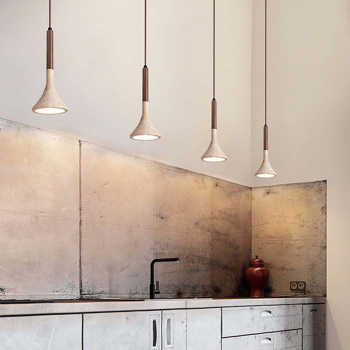 Japandi travertine and wood pendant light by BROKLEN – view 8