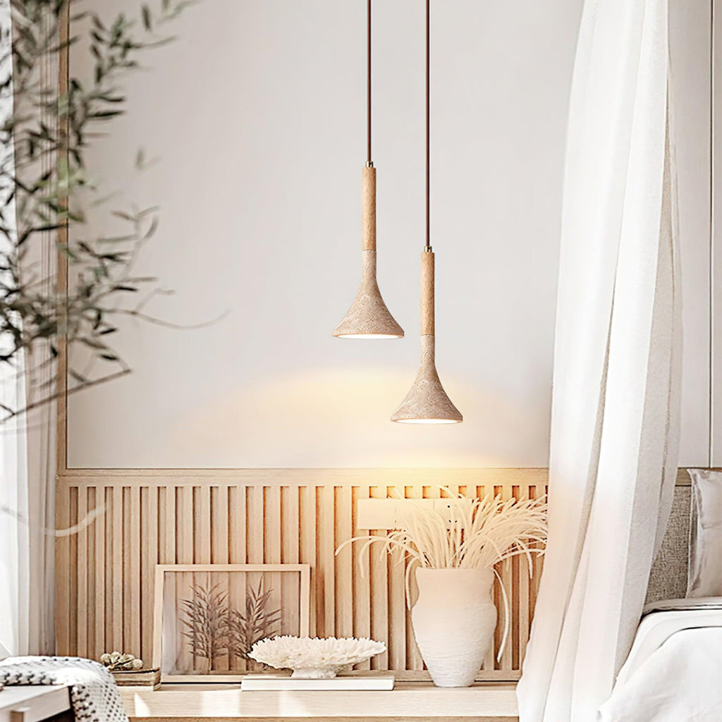 Japandi travertine and wood pendant light by BROKLEN – view 3