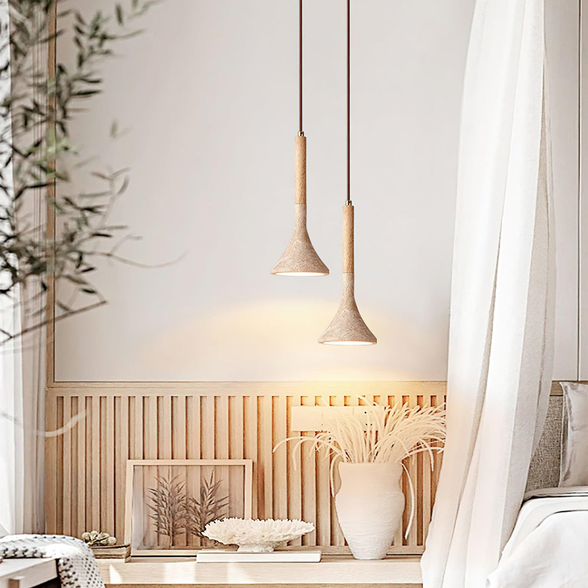Japandi travertine and wood pendant light by BROKLEN – view 3