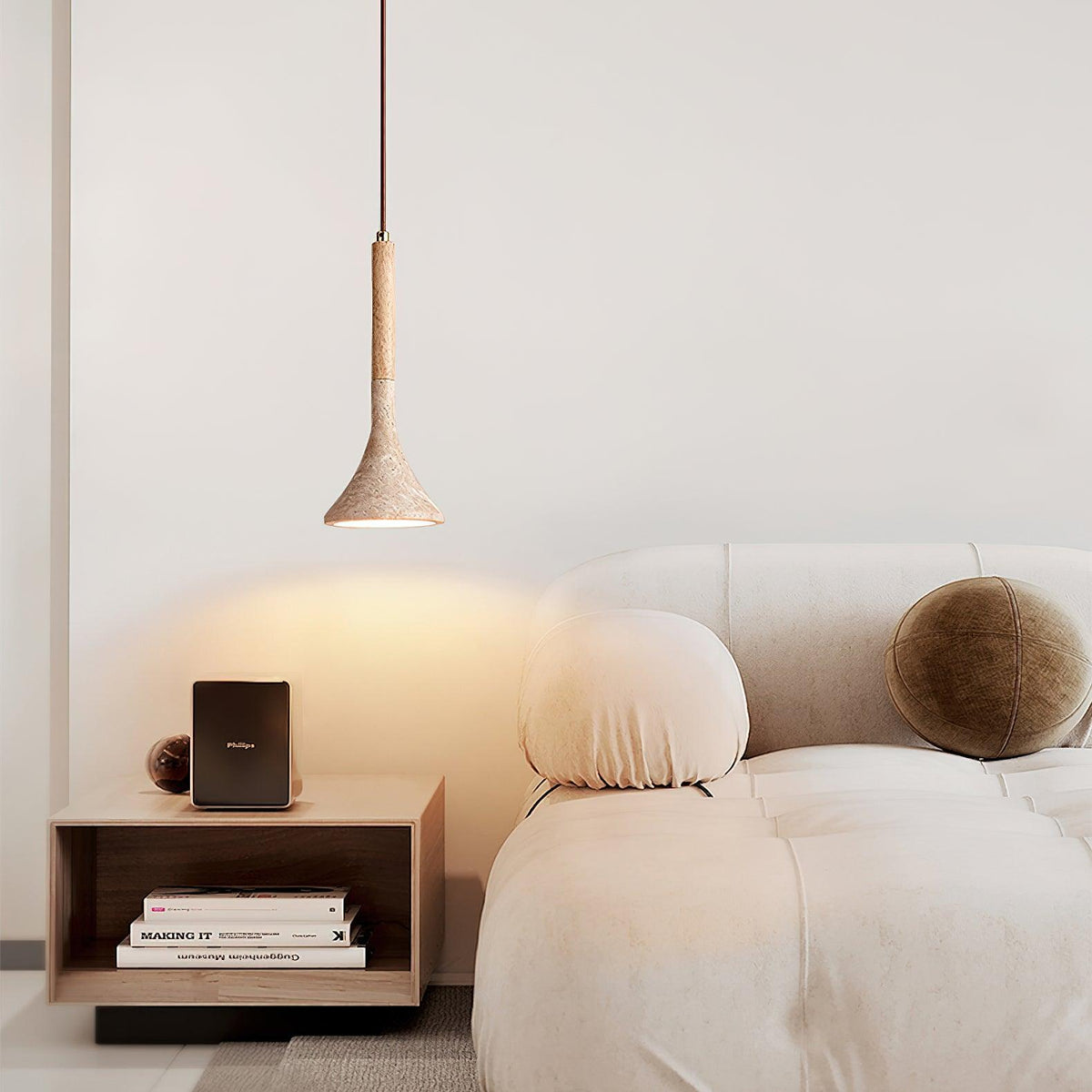 Japandi travertine and wood pendant light by BROKLEN – view 5