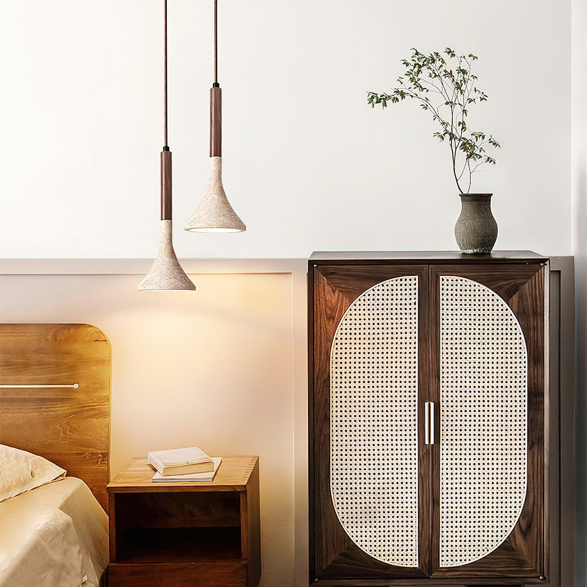 Japandi travertine and wood pendant light by BROKLEN – view 6