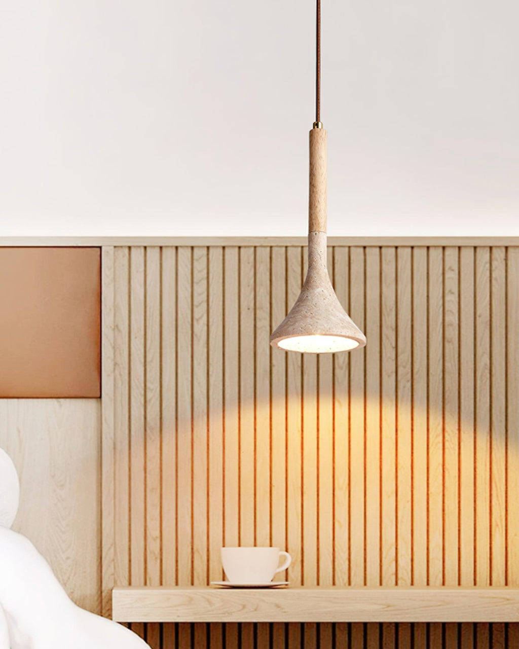Japandi travertine and wood pendant light by BROKLEN – view 4