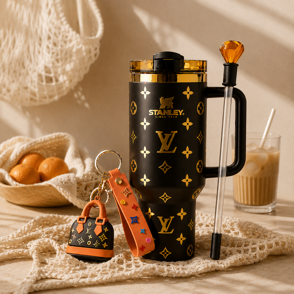 Luxury Monogram 40oz Tumbler Gift Set - brown monogram tumbler, front view