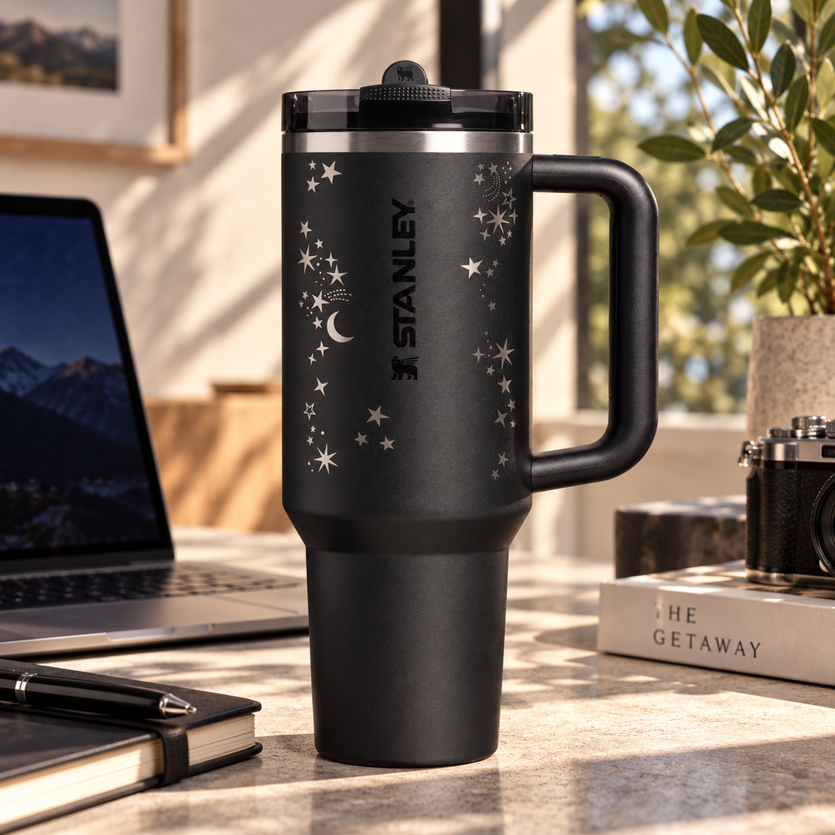 Midnight Celestial Tumbler - black insulated tumbler with moon and star print, front view