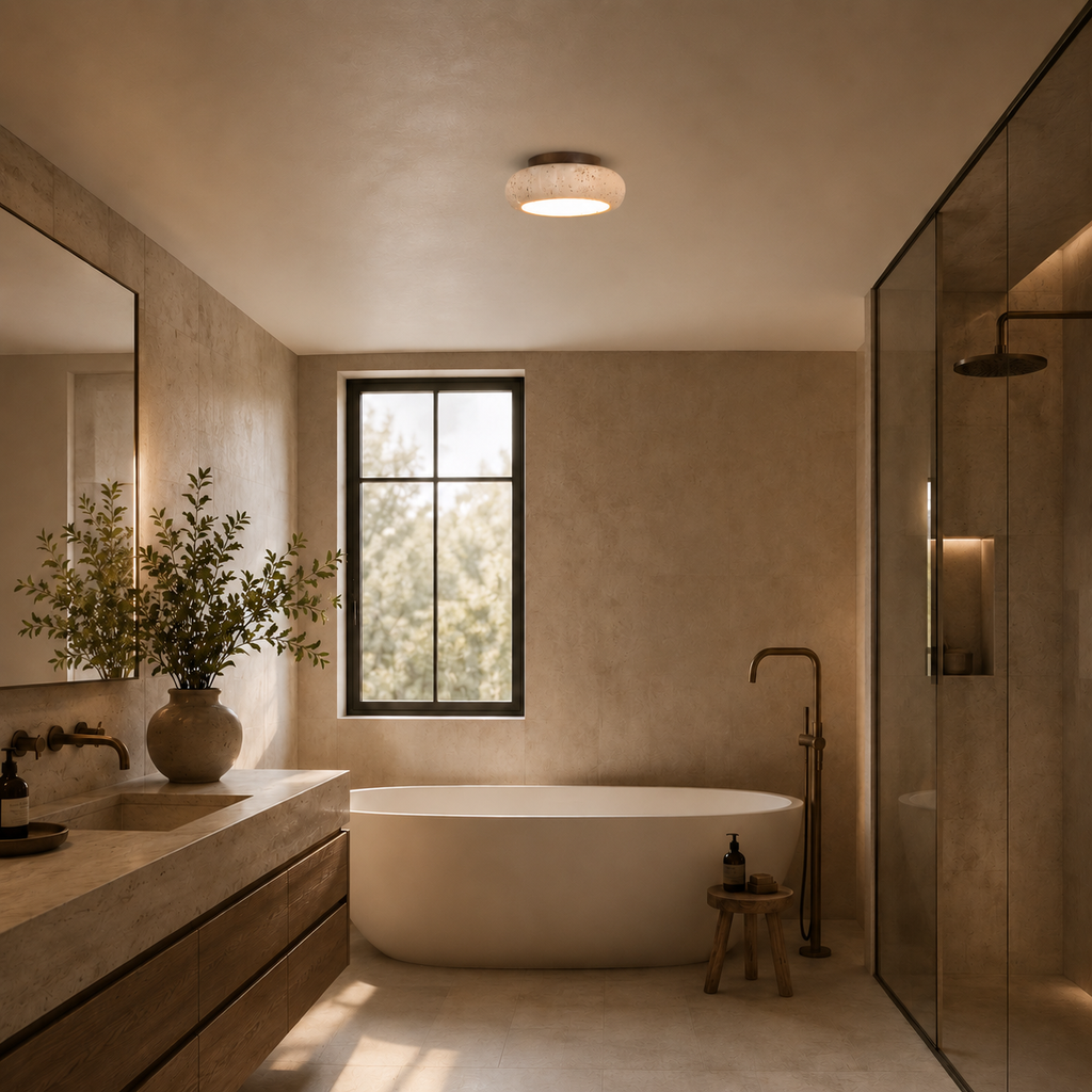Travertine retro LED flush ceiling light with dark wood by BROKLEN – view 4
