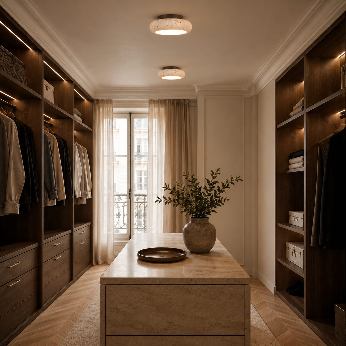 Travertine retro LED flush ceiling light with dark wood by BROKLEN – view 2