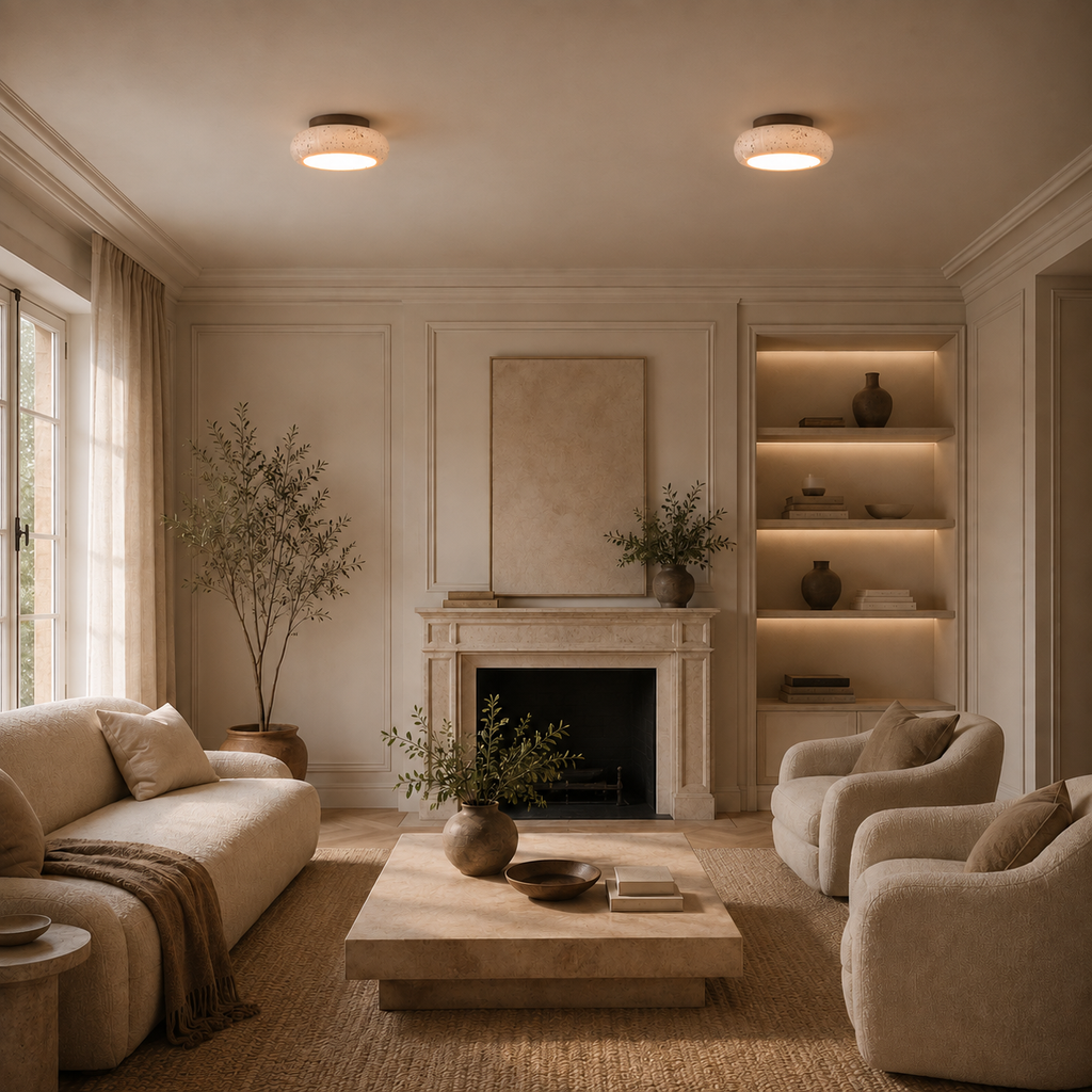 Travertine retro LED flush ceiling light with dark wood by BROKLEN – view 3