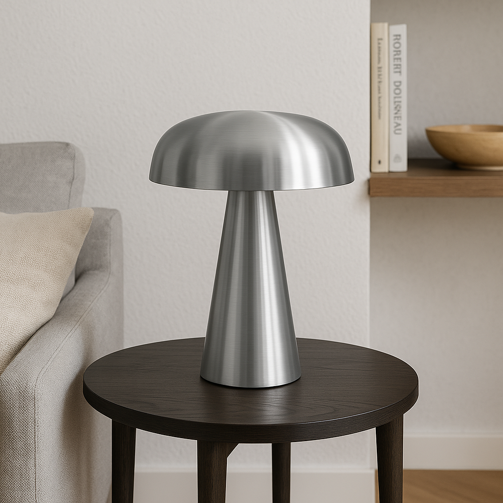 Cordless brushed metal mushroom table lamp by BROKLEN – view 7