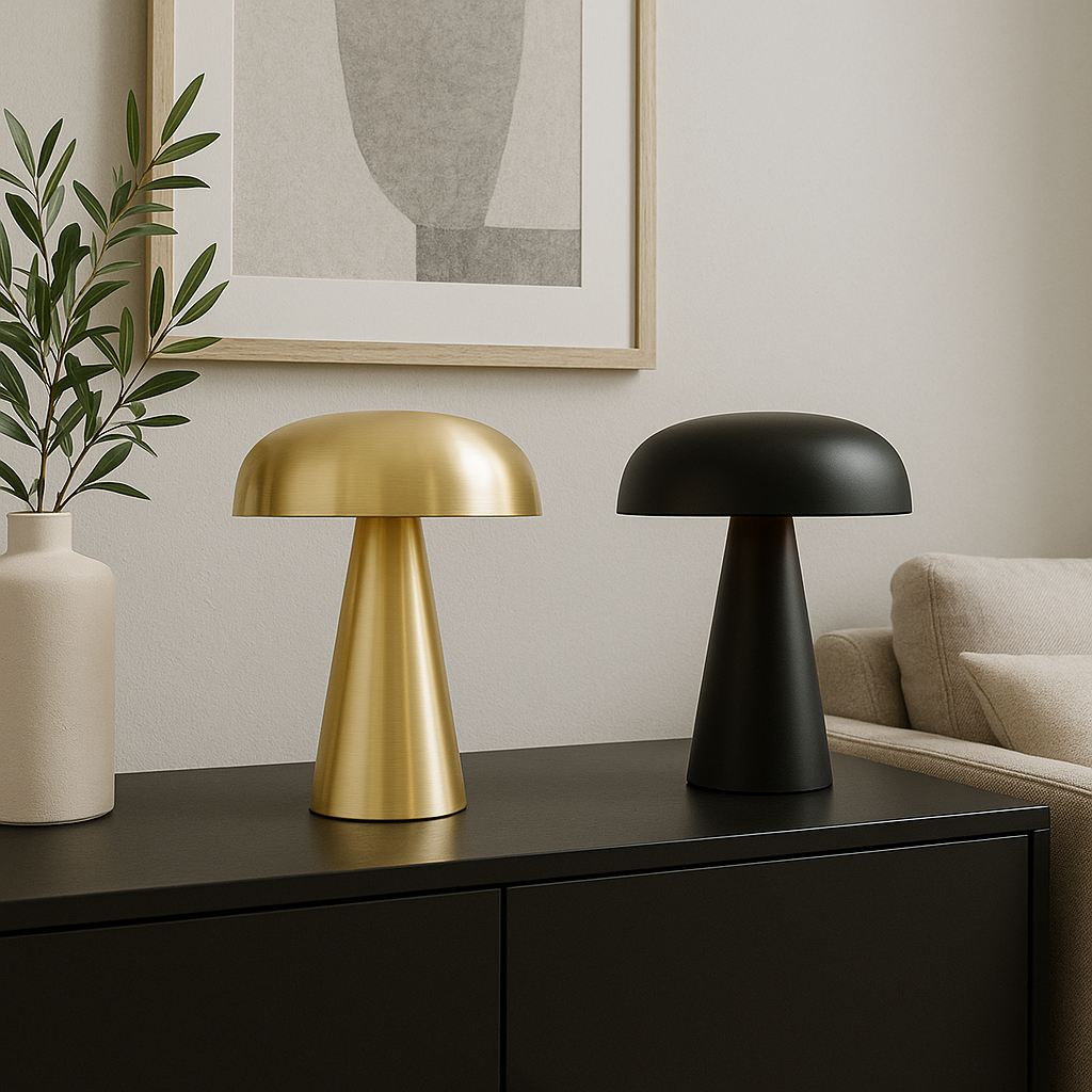 Cordless brushed metal mushroom table lamp by BROKLEN – view 4