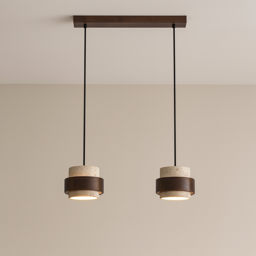 Minimalist stone barrel pendant lamp with wood accent by BROKLEN – view 6