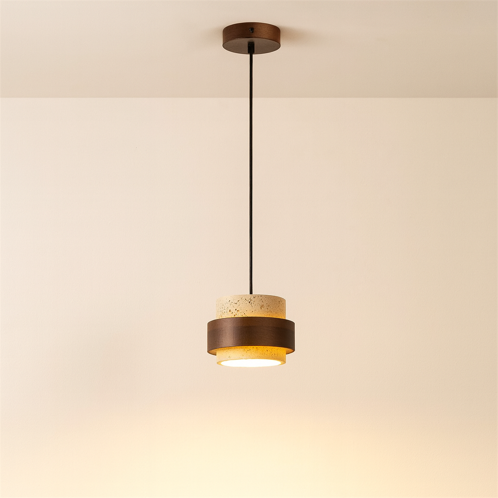 Minimalist stone barrel pendant lamp with wood accent by BROKLEN – view 5