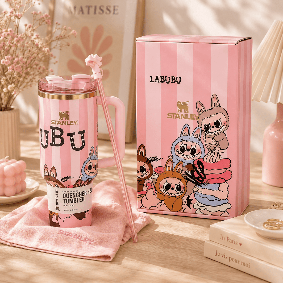 Pink Mischief Insulated Tumbler Gift Set - pink striped tumbler with bow topper and box