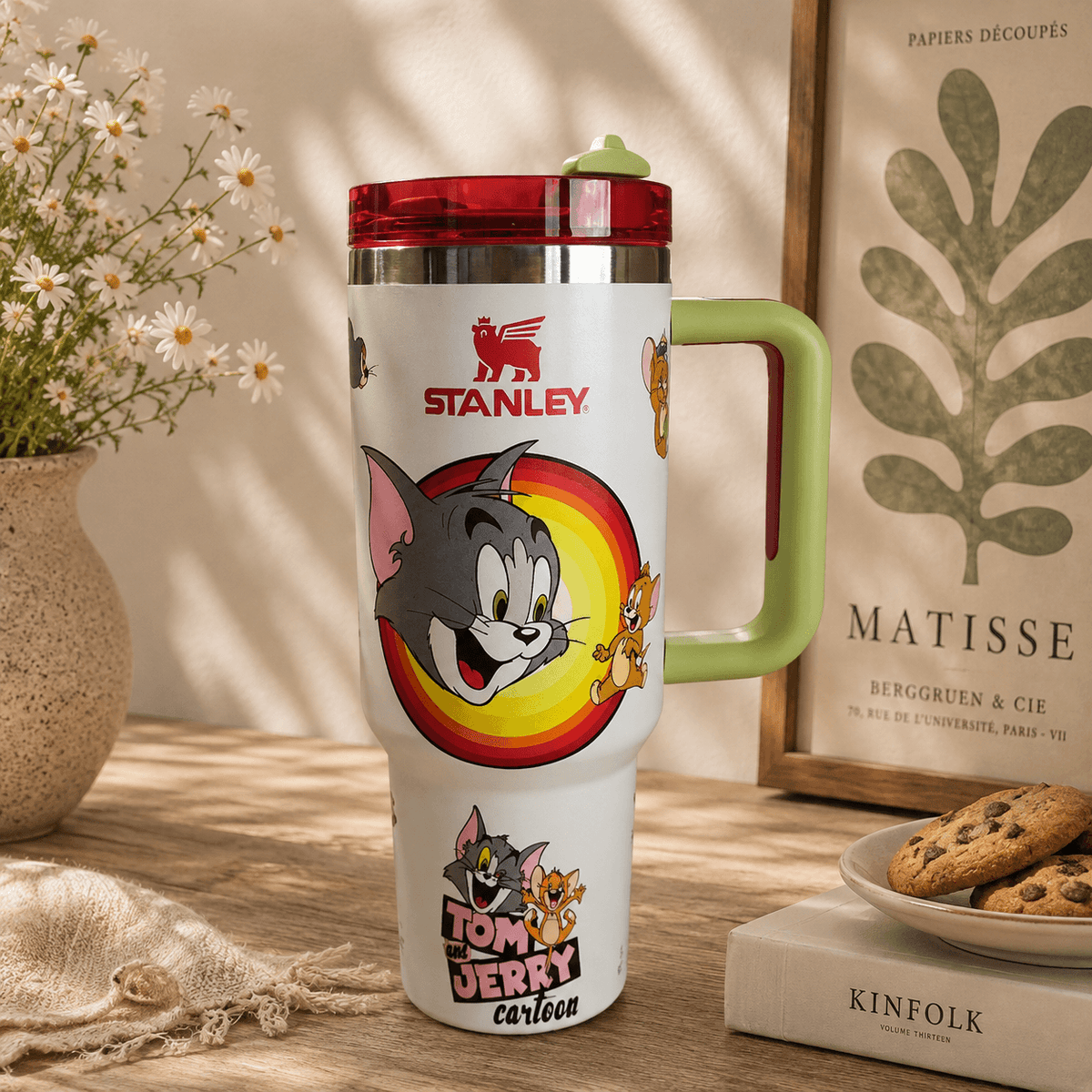 Retro Cat & Mouse Rainbow Tumbler - white rainbow cartoon tumbler with green handle