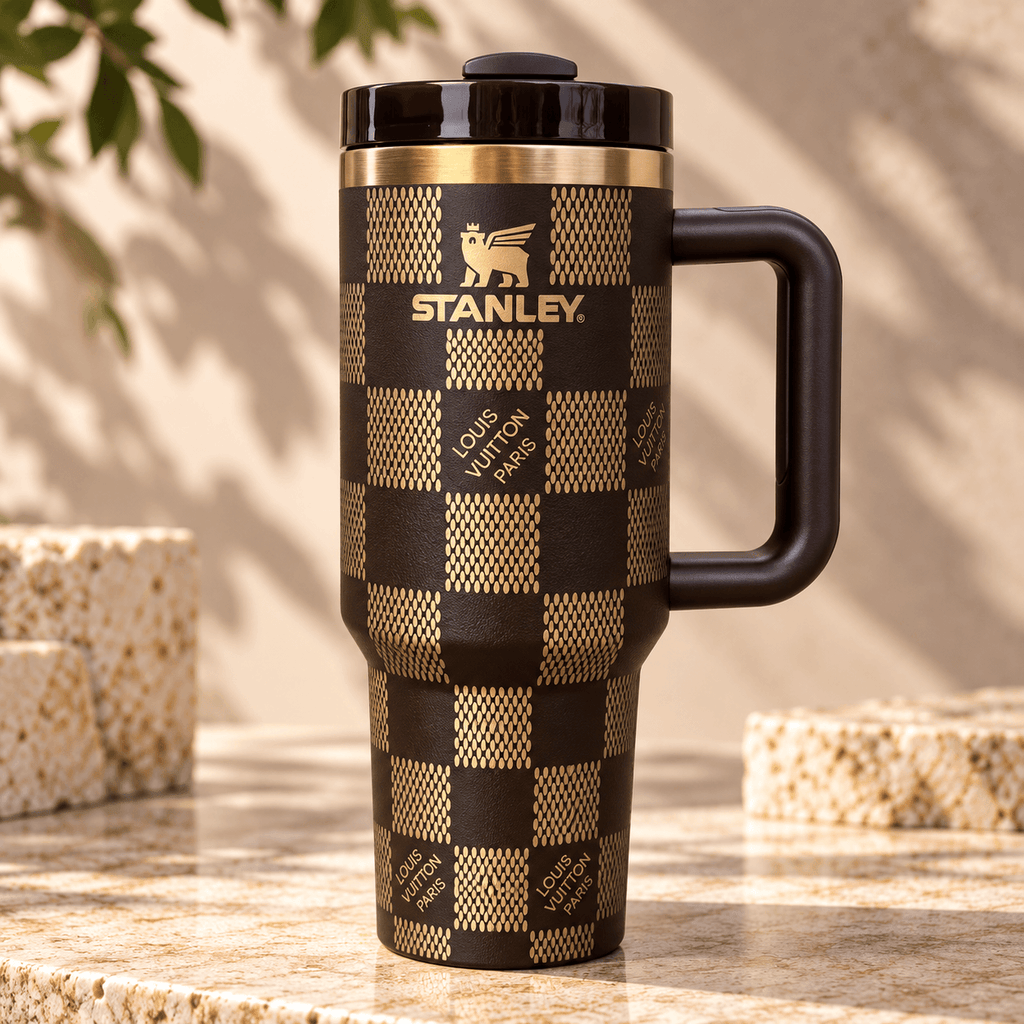 Midnight Gold Checkered 40oz Tumbler - gold checkered insulated tumbler, front view