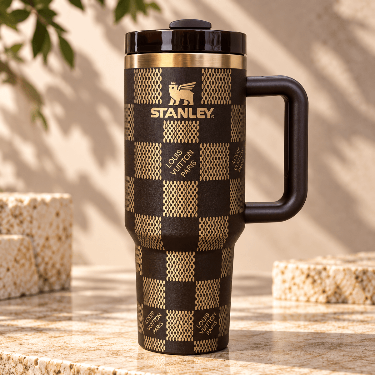 Midnight Gold Checkered 40oz Tumbler - gold checkered insulated tumbler, front view