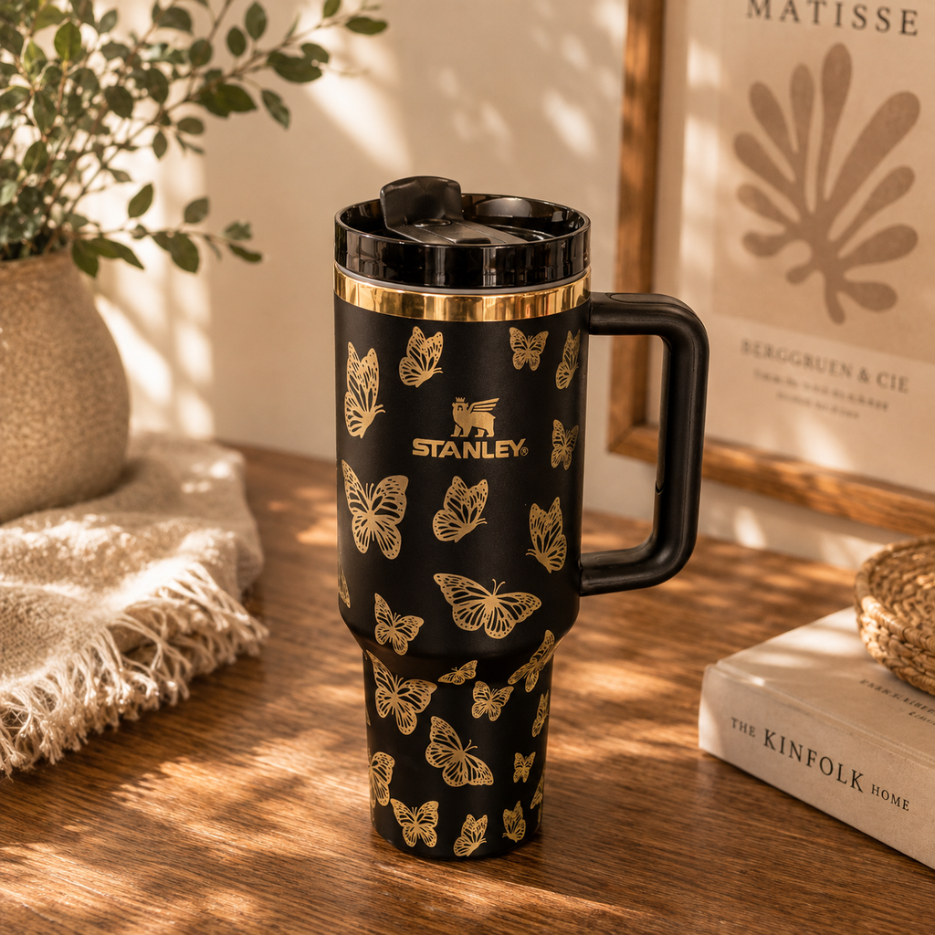 Golden Butterfly Tumbler - insulated tumbler with gold butterflies, front view