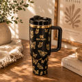 Golden Butterfly Tumbler - insulated tumbler with gold butterflies, front view