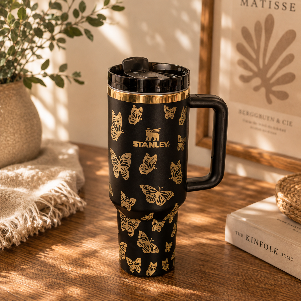 Golden Butterfly Tumbler - insulated tumbler with gold butterflies, front view