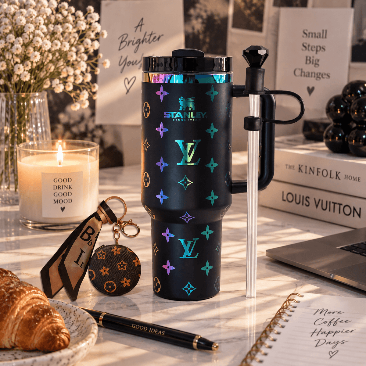 Midnight Holographic Tumbler - black holographic insulated tumbler with straw