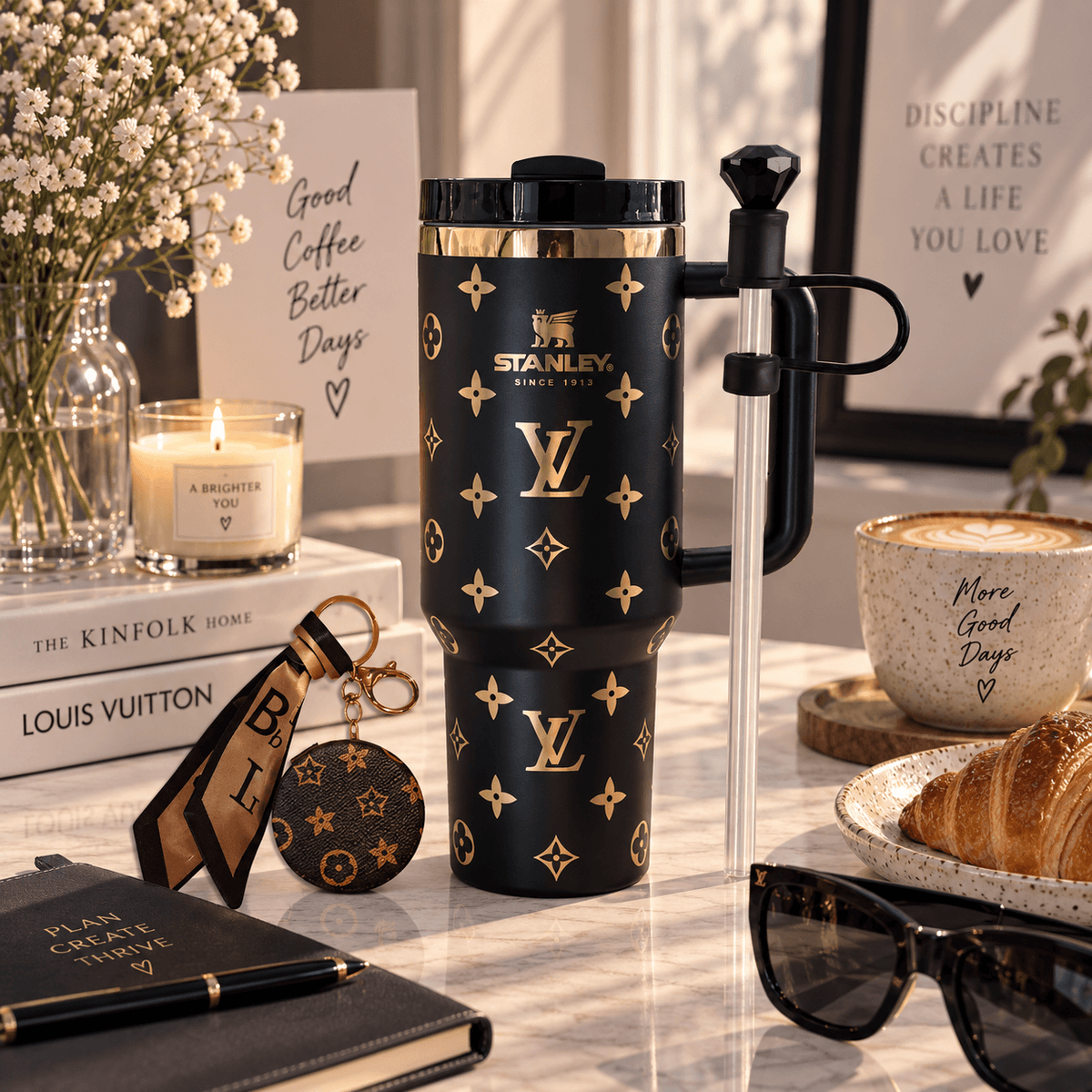 Black & Gold Statement Tumbler - black and gold patterned insulated tumbler with straw