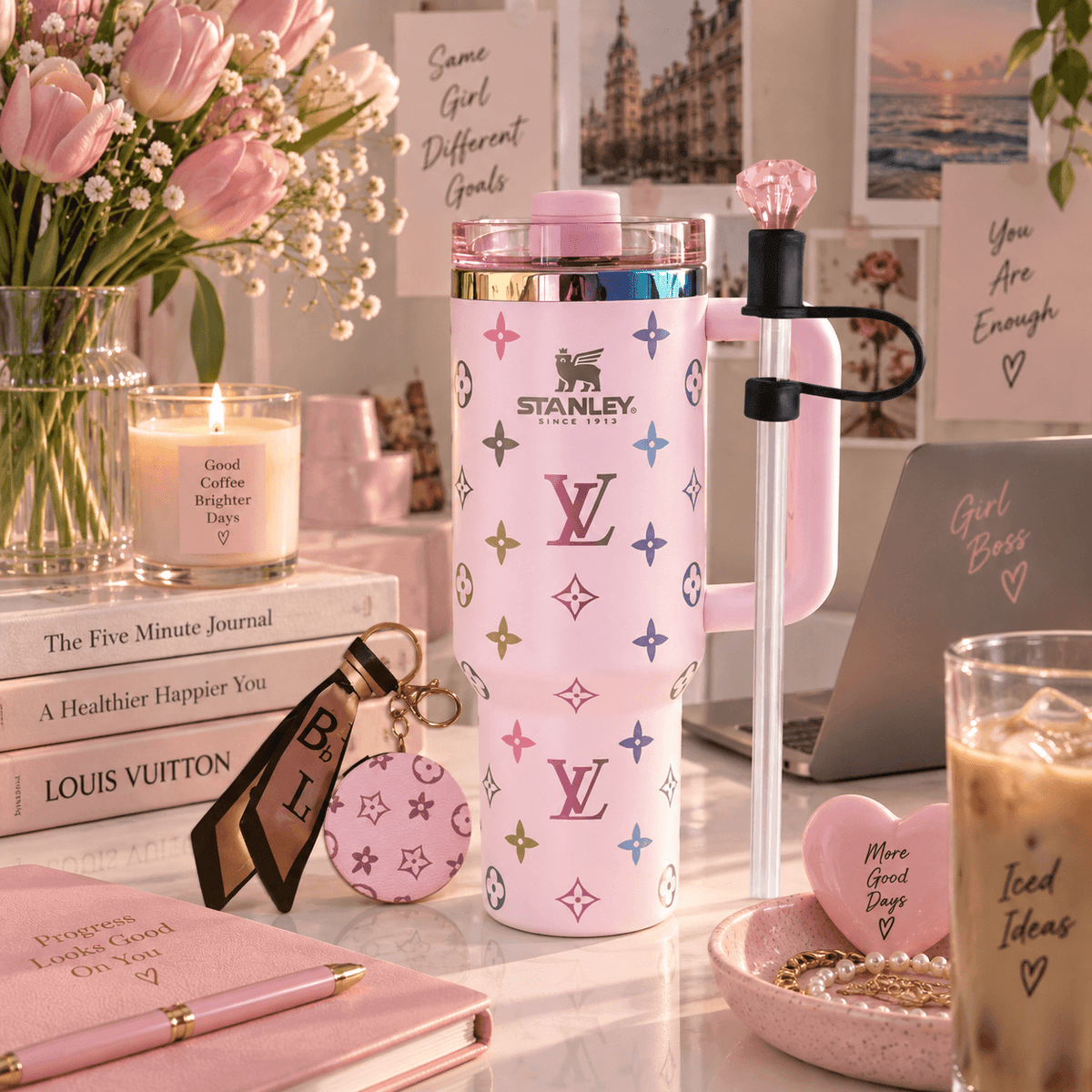 Blush Pink Statement Tumbler - blush pink patterned insulated tumbler with straw