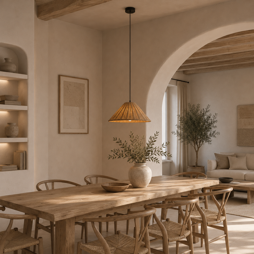 Japandi handwoven rattan pendant light in natural and brown by BROKLEN – view 10
