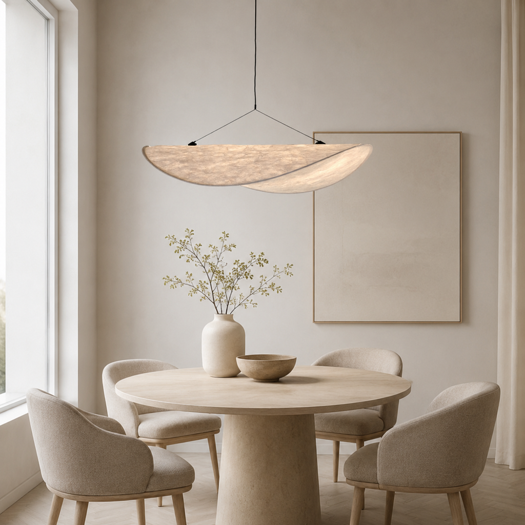 Japandi silk fabric pendant light in organic white by BROKLEN – view 2