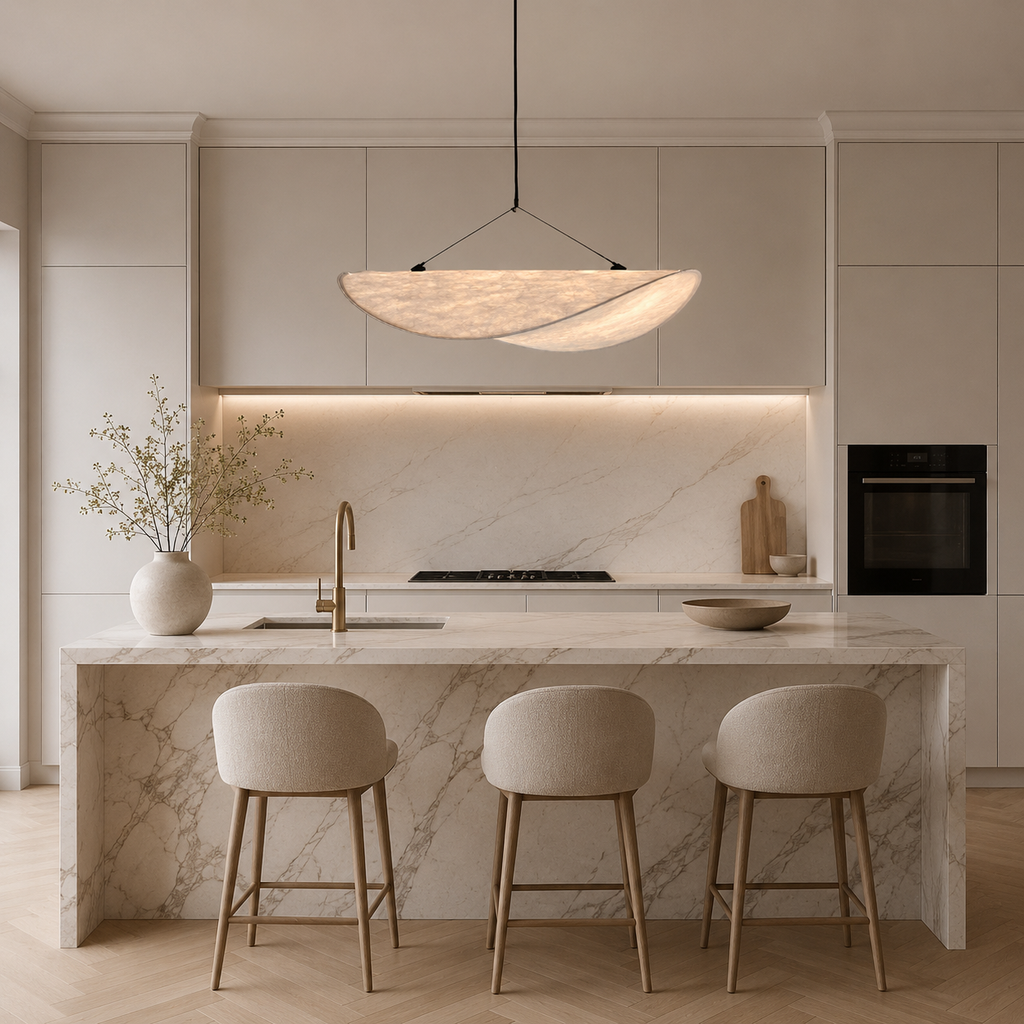 Japandi silk fabric pendant light in organic white by BROKLEN – view 9