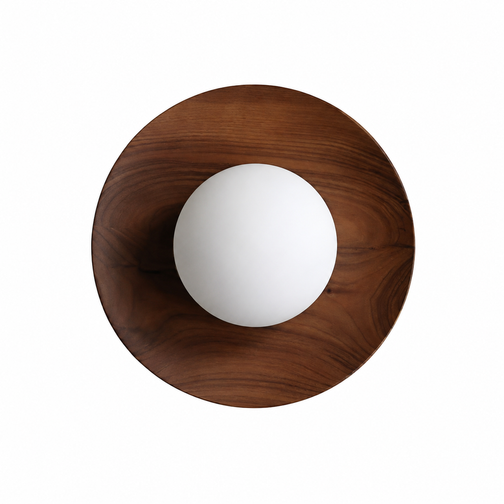 Nordic wood-tone round LED wall light by BROKLEN