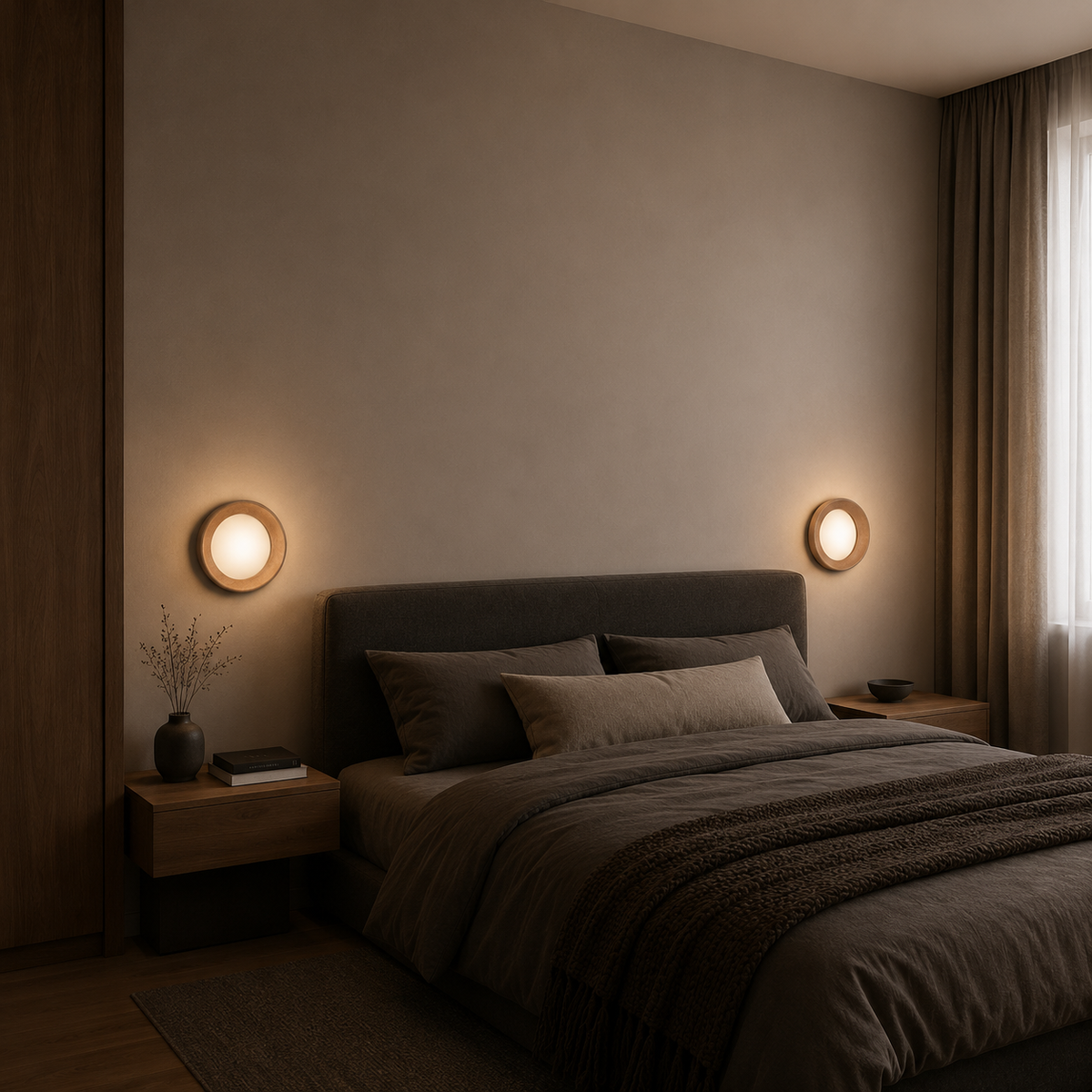 Nordic wood-tone round LED wall light by BROKLEN – view 3