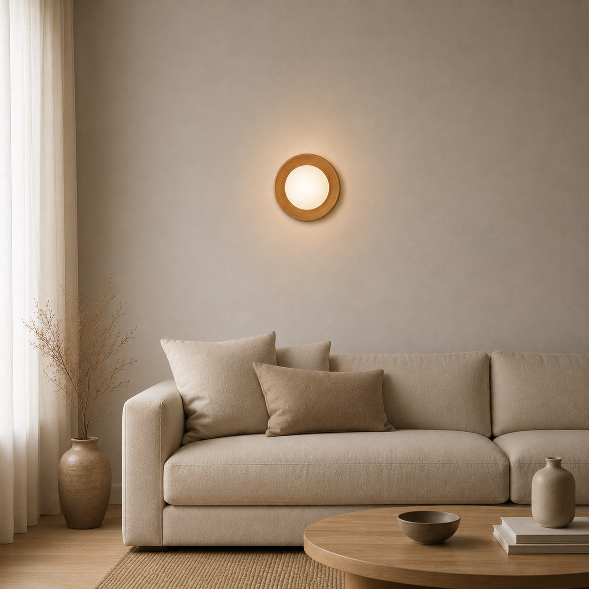 Nordic wood-tone round LED wall light by BROKLEN – view 8