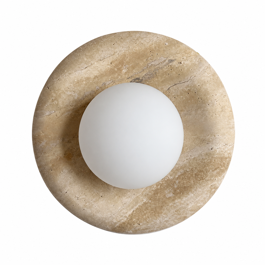 Orbit travertine wall light with frosted glass globe by BROKLEN
