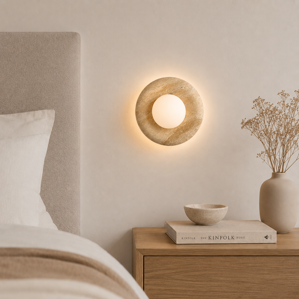 Orbit travertine wall light with frosted glass globe by BROKLEN – view 4