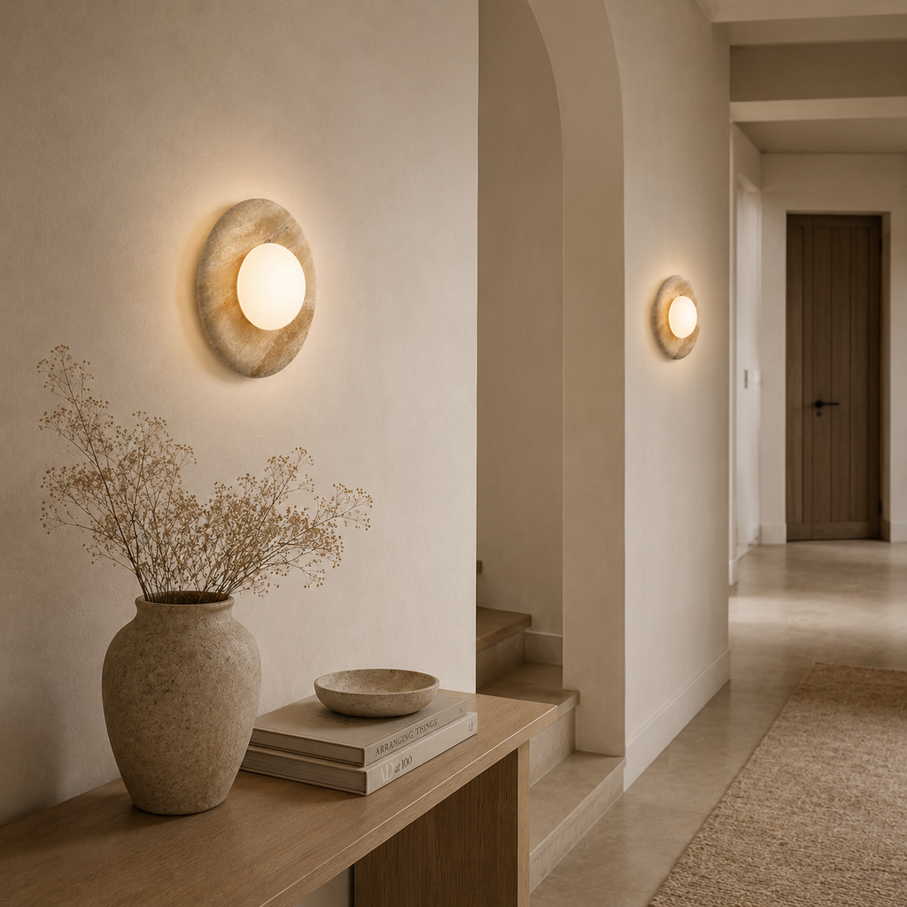 Orbit travertine wall light with frosted glass globe by BROKLEN – view 5