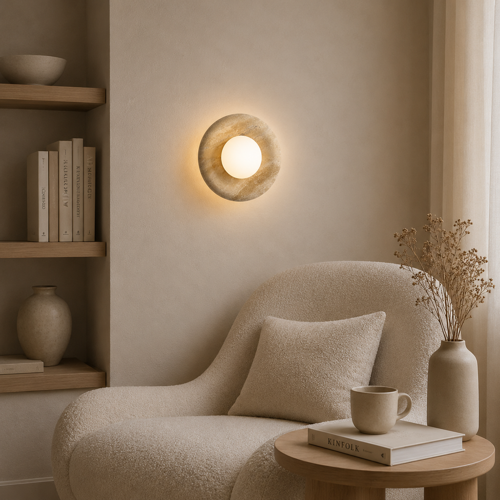 Orbit travertine wall light with frosted glass globe by BROKLEN – view 7