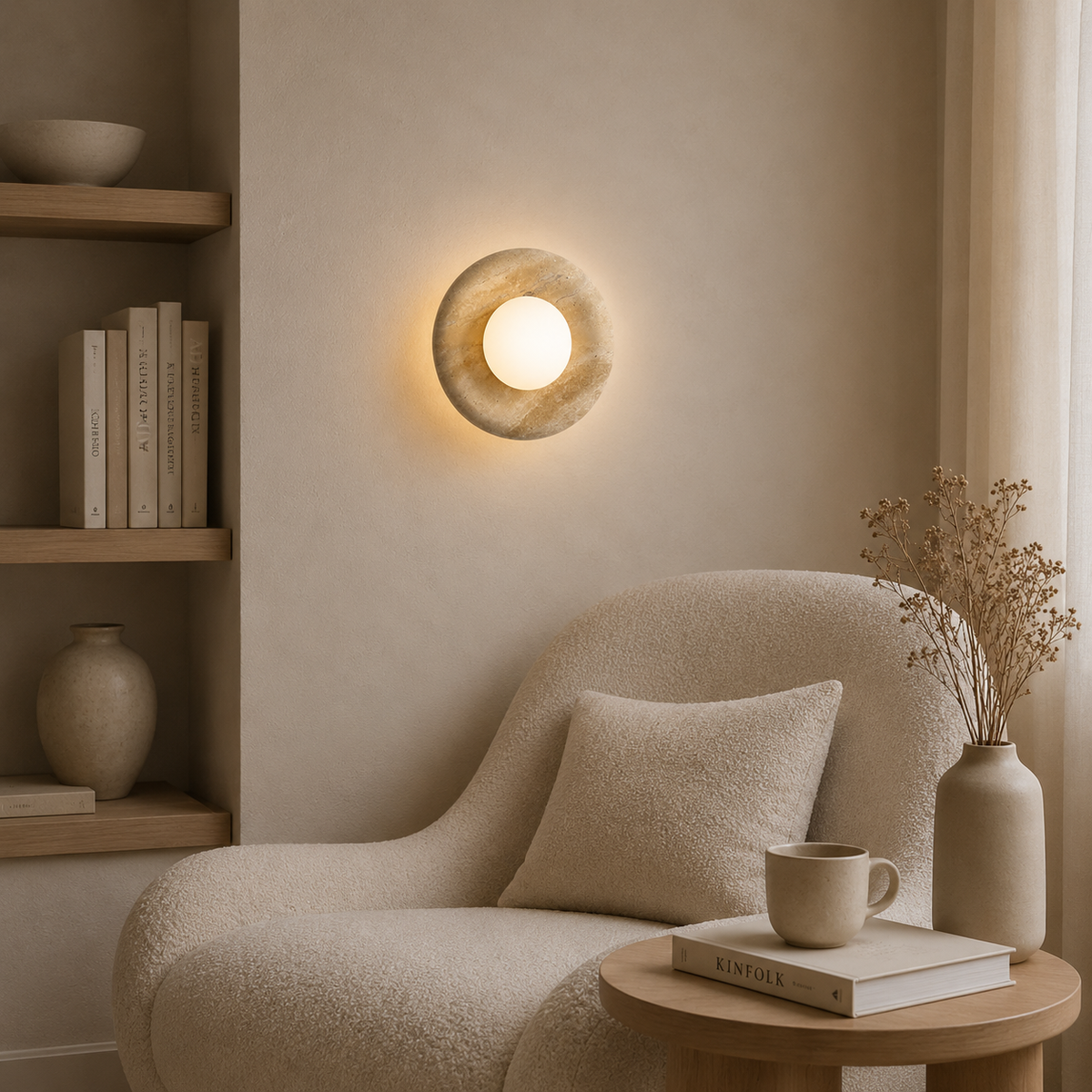 Orbit travertine wall light with frosted glass globe by BROKLEN – view 7