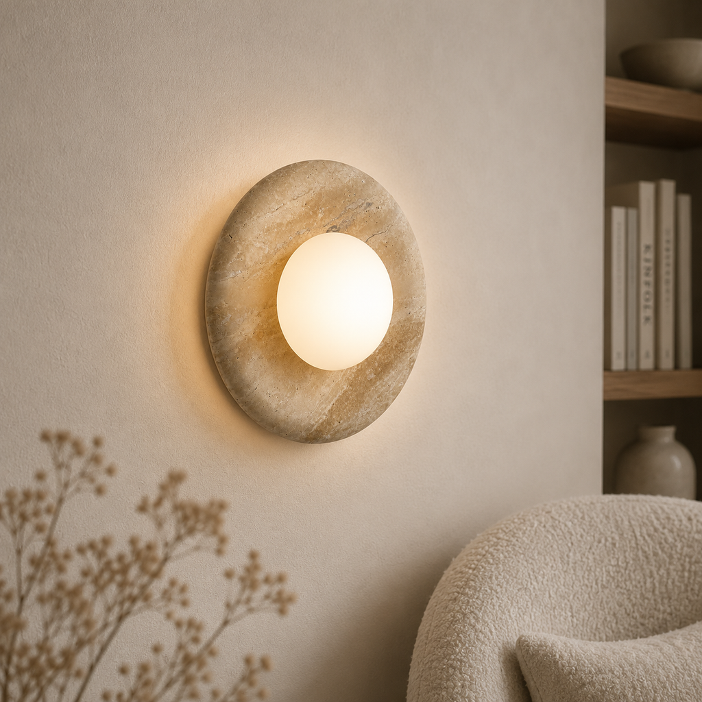 Orbit travertine wall light with frosted glass globe by BROKLEN – view 2