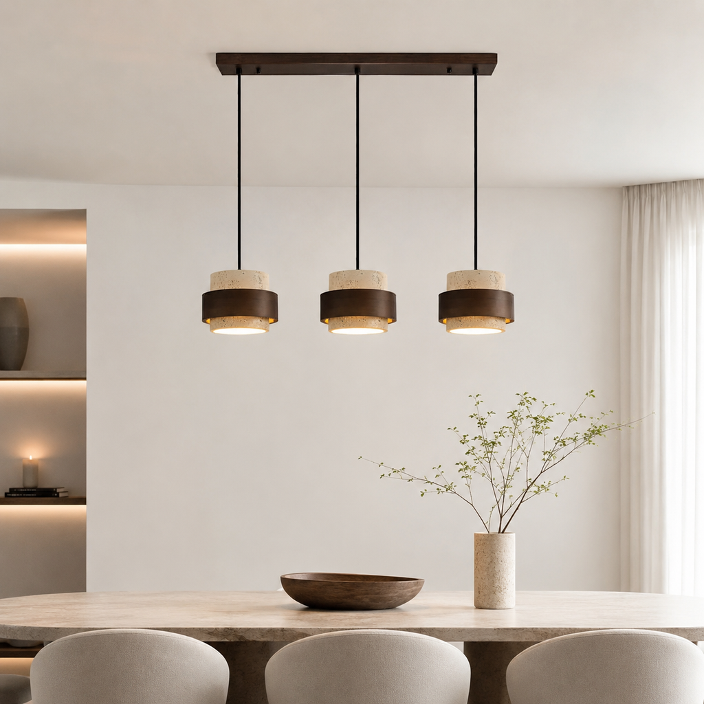 Japandi travertine and walnut pendant light by BROKLEN – view 6
