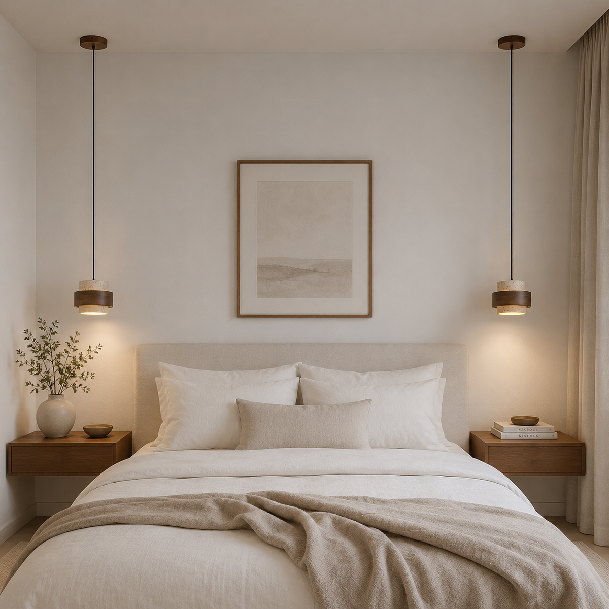 Japandi travertine and walnut pendant light by BROKLEN – view 2