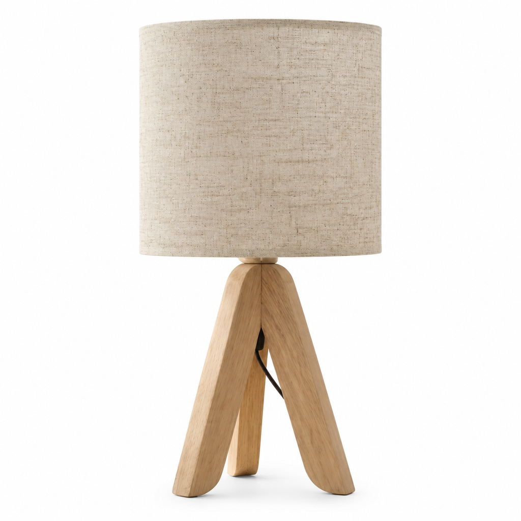 Wooden tripod table lamp with linen shade