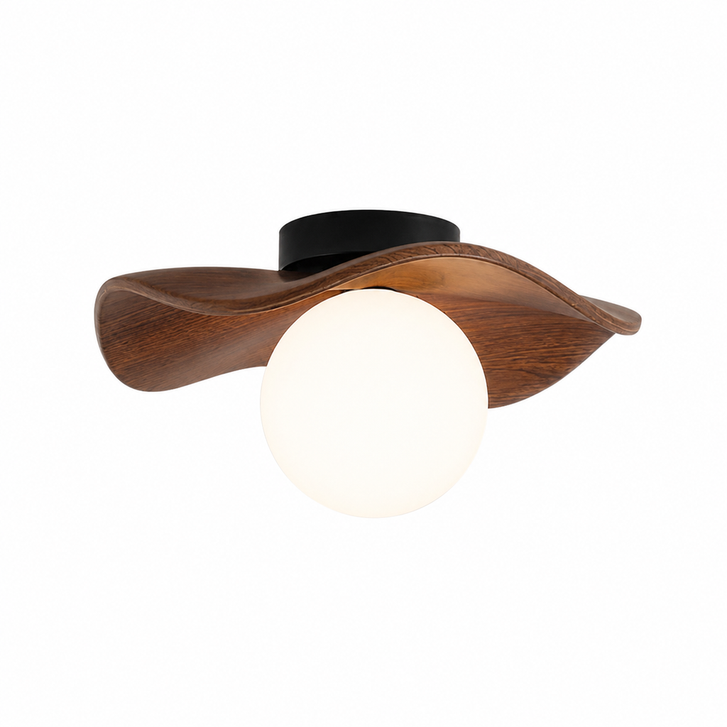 Japandi Flower Sculpture Ceiling Light with Frosted Glass Globe – Resin Flush Mount