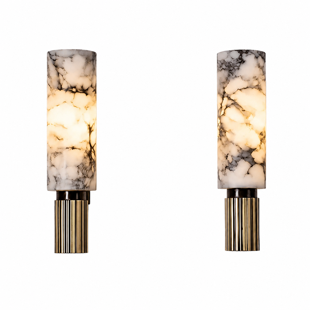 Japandi alabaster wall light with brass housing by BROKLEN – view 3