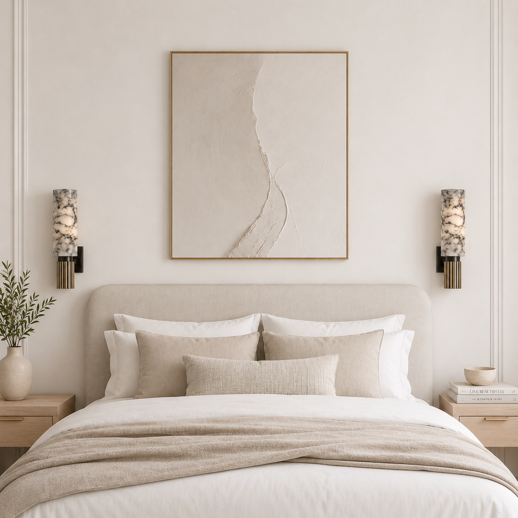 Japandi alabaster wall light with brass housing by BROKLEN – view 5