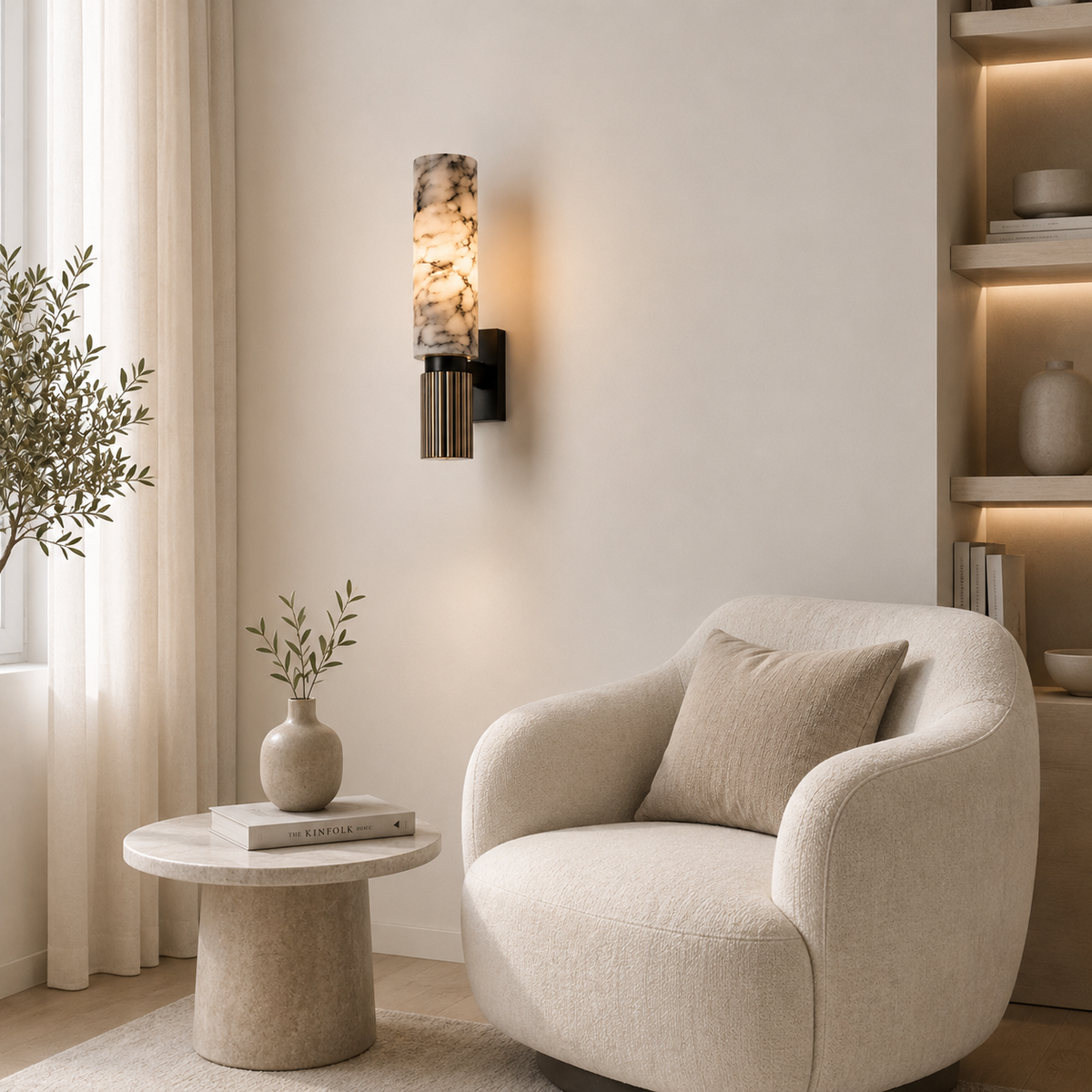 Japandi alabaster wall light with brass housing by BROKLEN – view 4