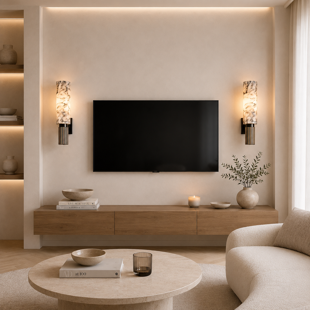 Japandi alabaster wall light with brass housing by BROKLEN – view 7